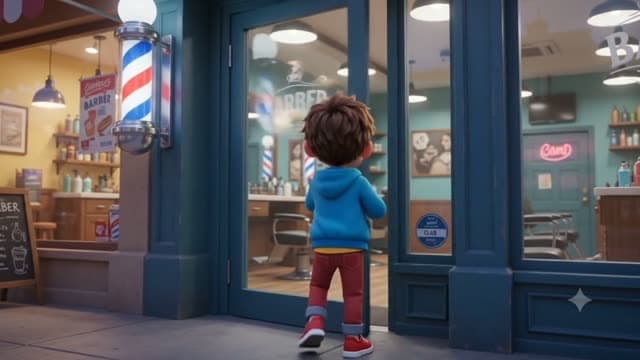 Someone compares nearby barber shop listings on their phone, then walks to the one they picked.