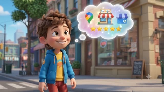 A happy customer walks home thinking about the business profile that helped them, with a five-star rating.