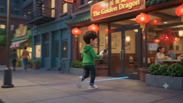 A car pulls up on a dark street and a diner searches for a Chinese restaurant nearby.